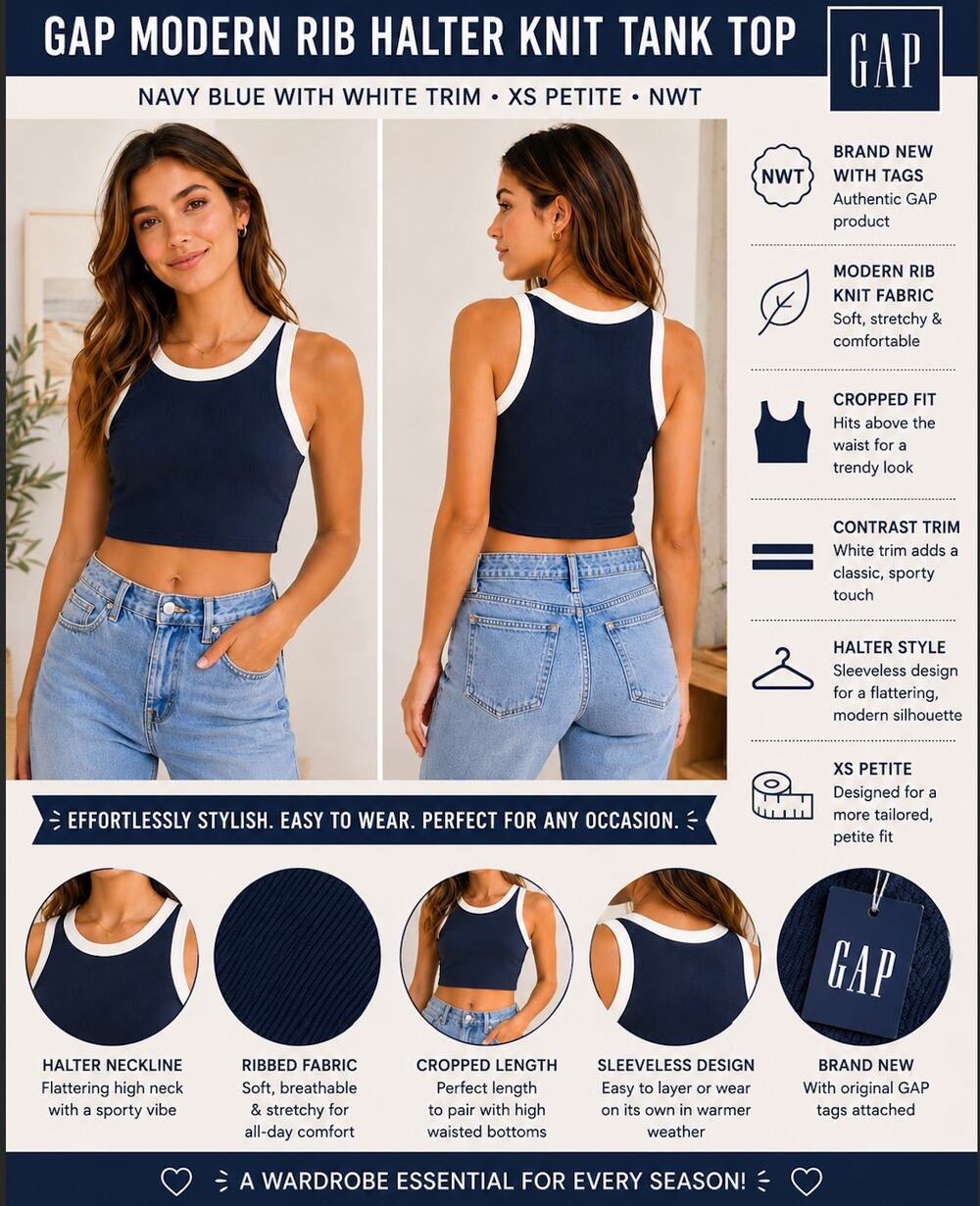 GAP Modern Rib Knit Navy White Trim Tank Top XS Petite NWT